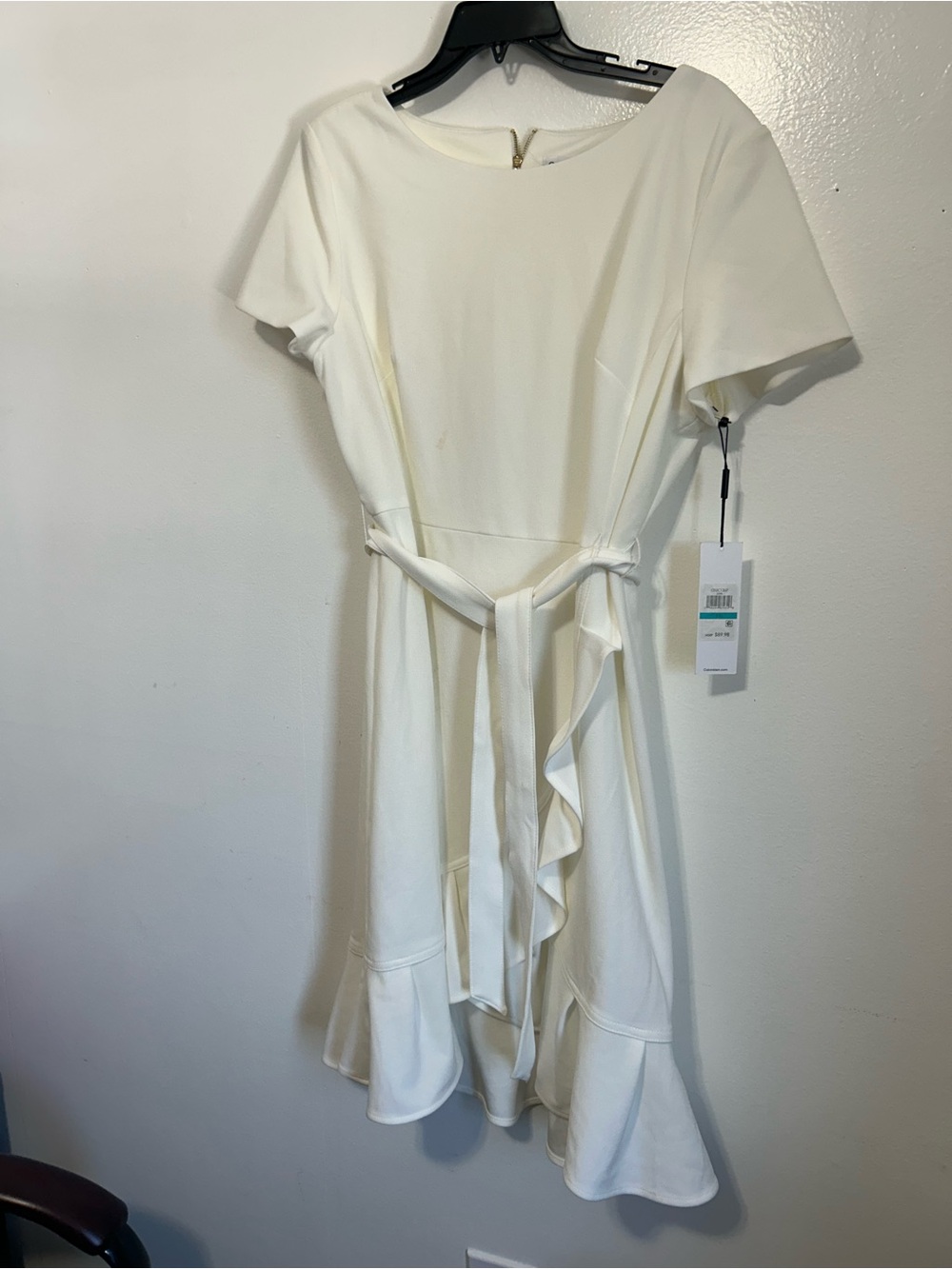 Calvin Klein Ivory Short-Sleeve Tie-Waist Ruffle Hem Dress